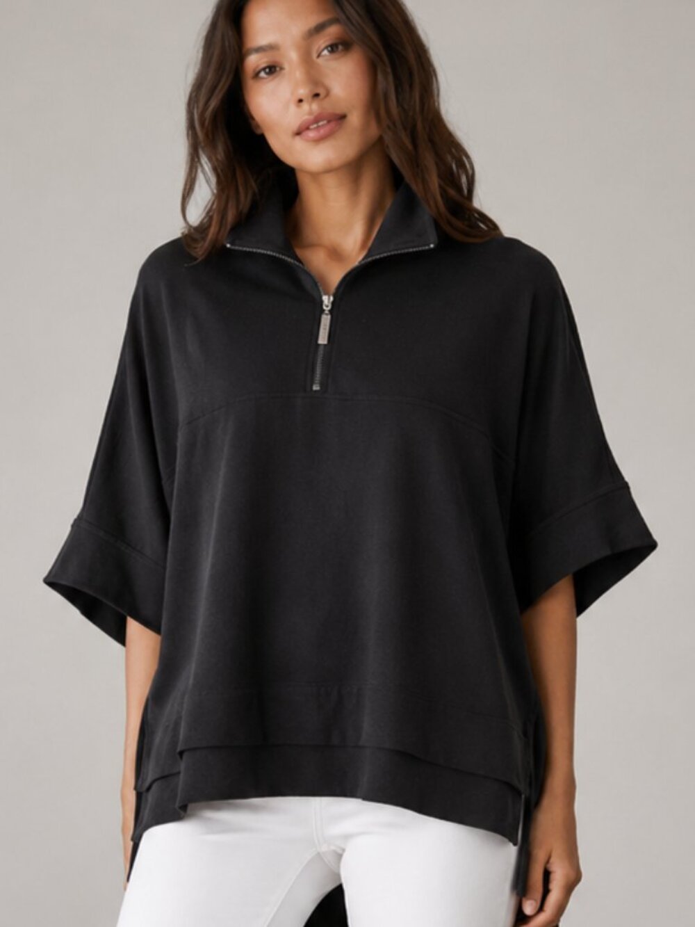 PEACE LOVE WORLD Black Quarter Zip High Low Pullover Short Sleeve Boxy Top SZ S